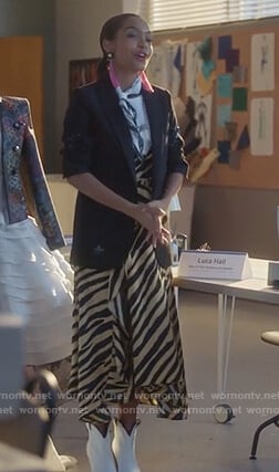 Zoey's zebra stripe dress and star embellished jacket on Grown-ish