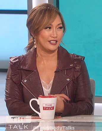 Carrie's burgundy ruffled moto jacket on The Talk