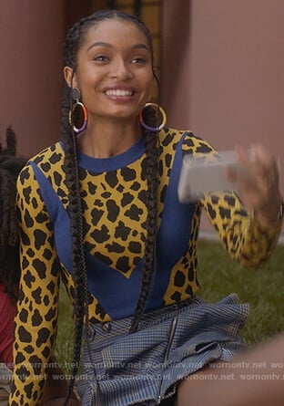 Zoey's yellow leopard sweater and ruffle plaid skirt on Grown-ish