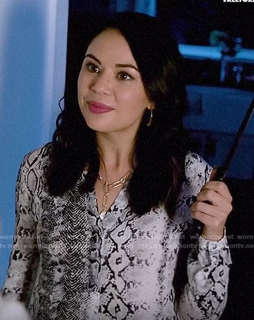 Mona's snake print blouse on PLL The Perfectionists