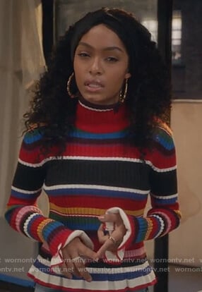 Zoey's striped ribbed sweater and embellished jeans on Grown-ish