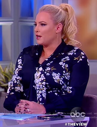 Meghan's navy floral tie neck dress on The View