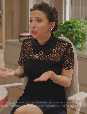 Maya's navy lace inset dress on Crazy Ex Girlfriend