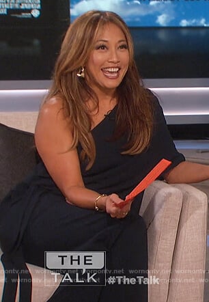 Carrie's navy one shoulder draped jumpsuit on The Talk