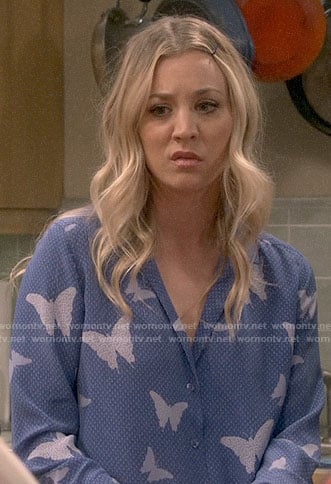 Penny's blue butterfly print blouse on The Big Bang Theory