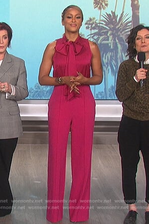Eve's pink sleeveless tie neck jumpsuit on The Talk