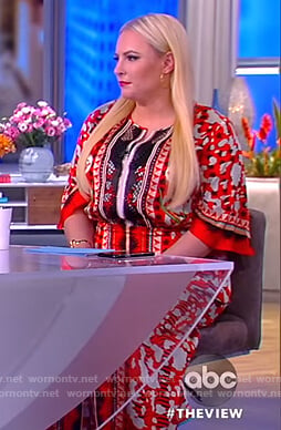 Meghan's red abstract print long sleeve maxi dress on The View