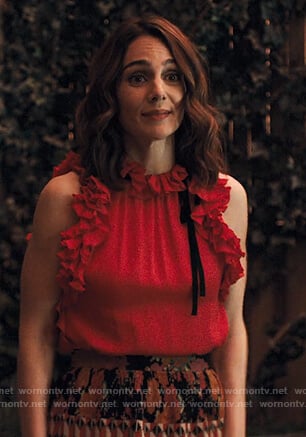 Sam's red ruffled top and patchwork skirt on Friends from College