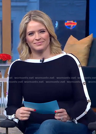 Sara's navy buttoned sleeve sweater on GMA Day