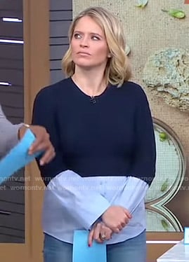 Sara's navy layered sweater on GMA Day