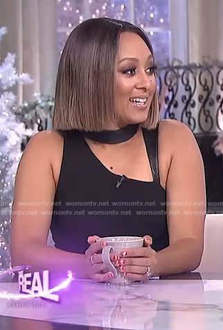 Tamera's black leather strap sheath dress on The Real
