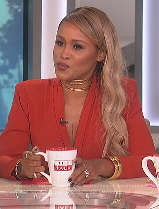 Eve's red tie waist jumpsuit on The Talk