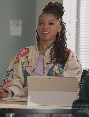Jazlyn's beige floral bomber jacket on Grown-ish