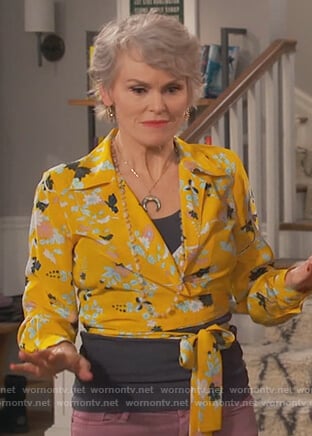 Bonnie's yellow floral print wrap top on Happy Together