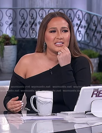 Adrienne's black one off-shoulder top and snake print skirt on The Real