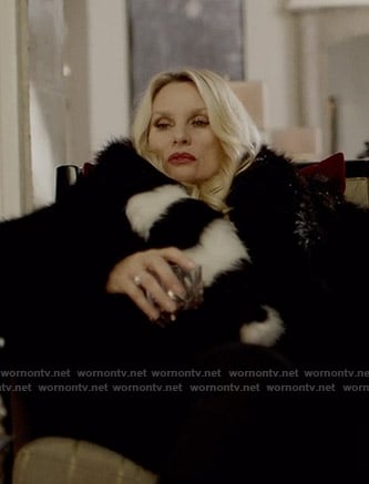 Alexi's black and white striped collar fur coat on Dynasty