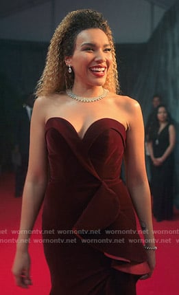 Allison's burgundy velvet ruffled gown on The Umbrella Academy