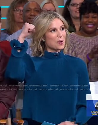 Amy's teal pleated mock neck top on Good Morning America