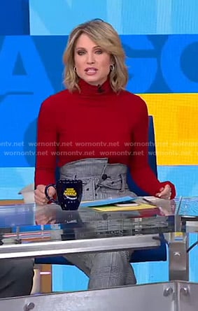 Amy's red sweater and houndstooth belted pants on Good Morning America