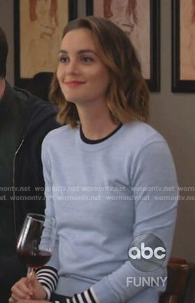 Angie's blue sweater with striped cuffs on Single Parents