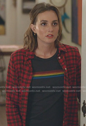 Angie's rainbow tee and red checked shirt on Single Parents