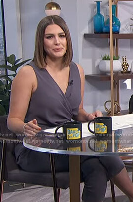 Carissa's grey tie waist wrap jumpsuit on E! News Daily Pop