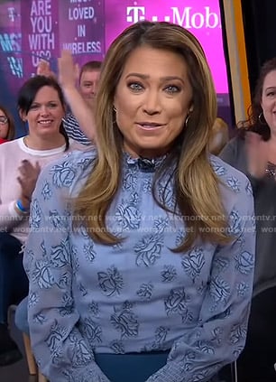Ginger's blue floral smocked top and zip skirt on Good Morning America