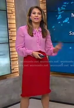 Ginger's pink tie neck blouse and red tweed skirt on Good Morning America