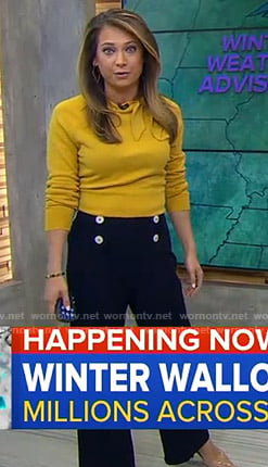 Ginger's yellow tie neck sweater and cropped pants on Good Morning America