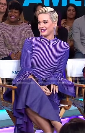 Katy Perry's purple striped top and asymmetric leather skirt on Good Morning America
