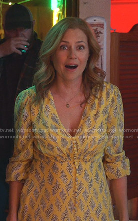 Lena's yellow floral v-neck dress on Splitting Up Together