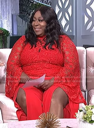 Loni's red mock neck lace top and split pants on The Real