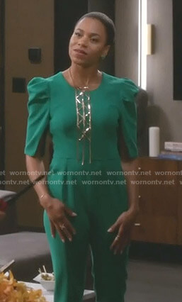 Maggie's green puff sleeve jumpsuit on Grey's Anatomy