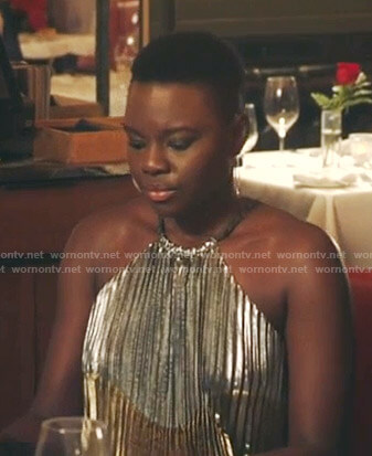 Mina's metallic pleated halter gown on The Resident