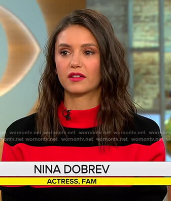 Nina Dobrev's red and black striped sweater on CBS This Morning
