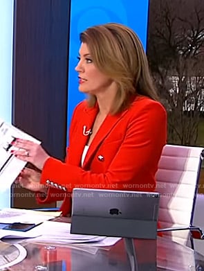Nora's red double breasted blazer on CBS This Morning
