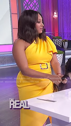 Tamera's yellow one-shoulder belted dress on The Real
