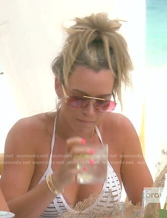 Teddi's white strappy bikini and pink sunglasses on The Real Housewives of Beverly Hills