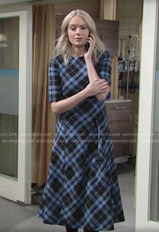 Abby's blue plaid midi dress on The Young and the Restless