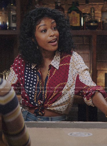 Ali's chain and dot print blouse on God Friended Me