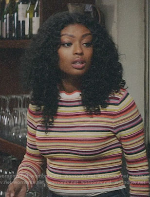Ali's striped sweater with scalloped neckline on God Friended Me