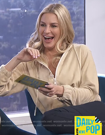 Morgan's beige suede hoodie on E! News Daily Pop
