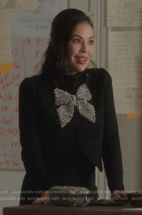 Mona's black jacket with embellished bow on PLL The Perfectionists