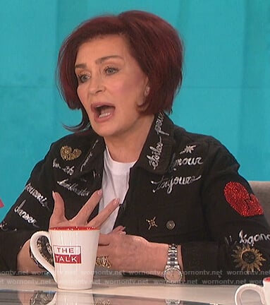 Sharon's black embellished cargo jacket on The Talk