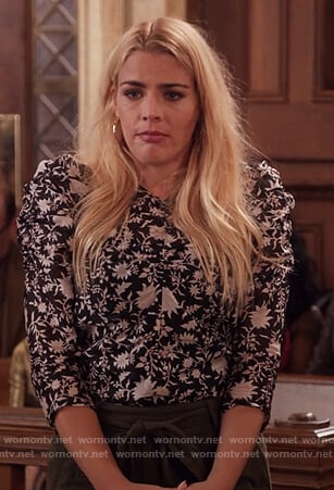 Sheeba's black and white floral print ruched blouse on Unbreakable Kimmy Schmidt