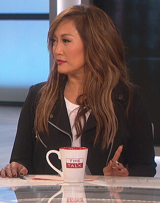 Carrie's black moto jacket on The Talk