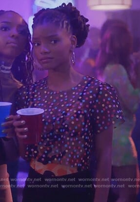 Skylar's black mesh polka dot top on Grown-ish