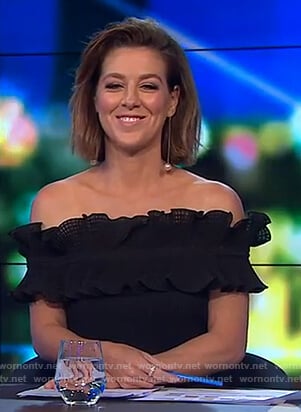 Gorgi's black off shoulder ruffle dress on The Project