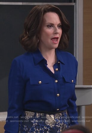 Karen's blue button embellished blouse and metallic skirt on Will and Grace