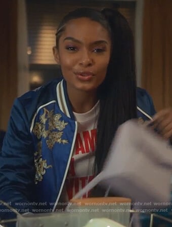 Zoey's blue floral embroidered bomber jacket on Grown-ish